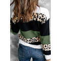 Green Crewneck Leopard Color Block Knit Pullover Sweater