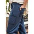 Navy Blue Drawstring Frayed Pockets Jogger Pants