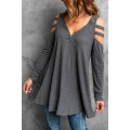 Gray Zip Neck Cut-out Waffle Knit Long Sleeve Top