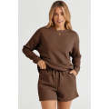 Brown Textured Long Sleeve Top and Drawstring Shorts Set