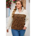 Leopard Plus Size Leopard Colorblock Zipped Sherpa Pullover