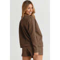 Brown Textured Long Sleeve Top and Drawstring Shorts Set