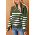 Green Striped Turtleneck Long Sleeve Sweater with Buttons