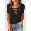 Black Strappy Hollow-out Neck Rib Knit T Shirt