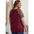 Burgundy Contrast Leopard Raglan Sleeve Plus Size T-shirt