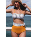 Yellow 2pcs Contrast Striped Tie High Waist Bikini Swimsuit