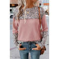 Light Pink Leopard Print Waffle Knit Patchwork Top