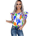 Blue Abstract Pattern Ruffle Short Sleeves Blouse