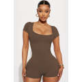 Brown Ribbed Square Neck Short Sleeve Athleisure Romper