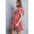 Pink Floral Square Neck Ruffle Sleeve Tiered Dress