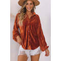 Brown Solid Color Textured Velvet Button Up Shirt