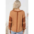 Orange Contrast Patched Exposed Seam Waffle Knit Henley Top