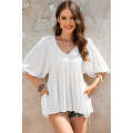 White Lace V-Neck Bracelet Sleeve Ruffle Blouse