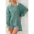 Green High Low Exposed Seam V Neck Loose Sweatshirt