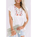 White Floral Embroidered Ruffled Lace-up V Neck Top