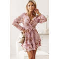 Pink V Neck Baggy Sleeve Waist Tie Double Layer Ruffle Hem Floral Print Short Dress