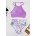 Purple Solid Strappy Halter Bikini Printed High Waist Swimsuit