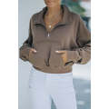 Brown Zipped Turn Down Collar Cropped Sweatshirt with Pocket