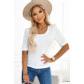 White Round Neck Half Sleeve Ribbed Knit Top