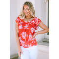 Red Floral Square Neck Ruffle Sleeve Blouse