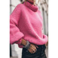Rose Red Chunky Knit Turtle Neck Drop Shoulder Sweater