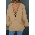 Light French Beige Solid Color Lattice Hollow Out Back Sweatshirt