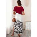 Red Leopard Color Block Side Slit T Shirt Maxi Dress