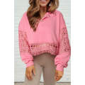 Pink Hollowed Lace Splicing Cropped Sweatshirt