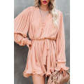 Pink Pleated Ruffled Tie Waist Buttons V Neck Romper