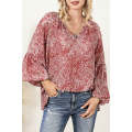 Red Pleated Lantern Sleeve Abstract Print Blouse