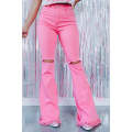 Pink Vintage High Waist Flare Leg Ripped Raw Hem Jeans