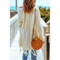Beige Tasseled Hollow-out Cable Knit Cardigan