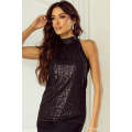Black Keyhole Tie Back Sequined Tank Top