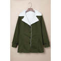 Green Gray Lapel Collar Button Fleece Jacket