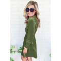Moss Green Frilled Neck Smocked Bodice Velvet Dress