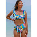 Green Tropical Print Ruffled Square Neck Tie High Waist Swimsuit