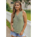 Green Ribbed Knit Buttoned Henley V Neck Tank Top