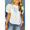 White Ruched Puff Sleeve Crew Neck Tee