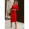 Fiery Red Long Sleeves Wrap V Neck Ruched Sheath Bodycon Dress