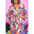 Multicolor Abstract Printed Belted Puff Sleeve Mini Dress