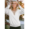 White Lace Splicing V Neck Puff Sleeve Top
