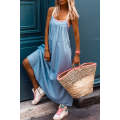 Beau Blue Contrast Straps Pocketed Long Chambray Dress