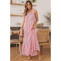 Pink Abstract Print Split Neck Sleeveless Maxi Dress