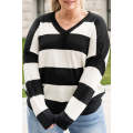 Black Black Black Plus Size Colorblock V Neck Loose Sweater