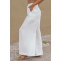 White Solid Color Elastic Waist Pleated Wide Leg Pants