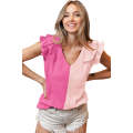Pink Textured Color Block Tiered Ruffled Sleeve Blouse