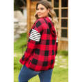 Red Plus Size Plaid Striped Patch Sleeve Hoodie