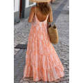 Orange Abstract Print Spaghetti Straps Backless Tiered Maxi Dress