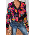 Black Abstract Printed Flounce Sleeve Lace V-Neck Blouse
