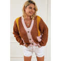 Brown Dual Pockets Colorblock Sweater Cardigan